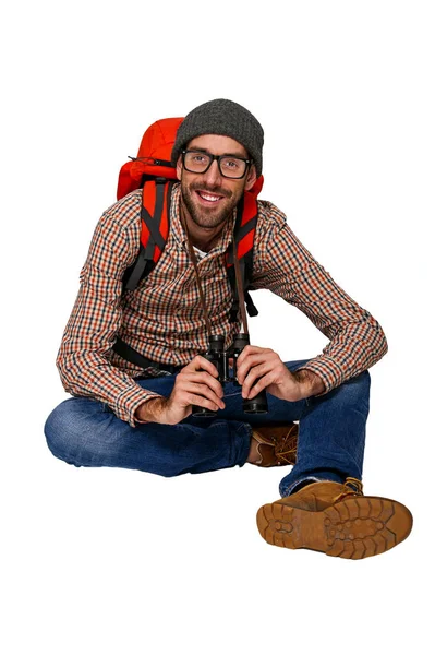 Viaggiatore isolato su sfondo bianco, binocolo . — Foto Stock