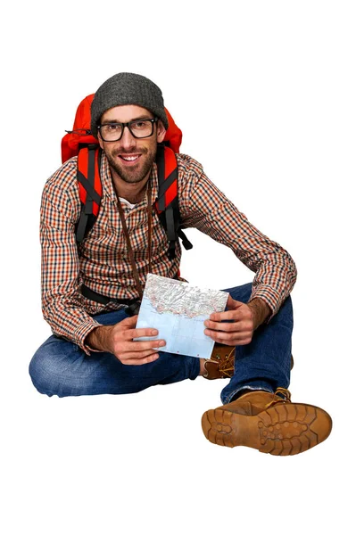 Uzun yürüyüşe çıkan kimse adam okuma harita. Hiking. Beyaz arka plan üzerinde izole. — Stok fotoğraf