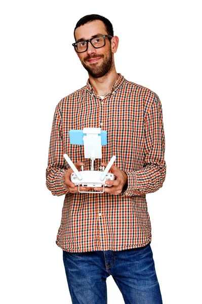 Man holding drone controler, isolated over white background. — Stock Photo, Image