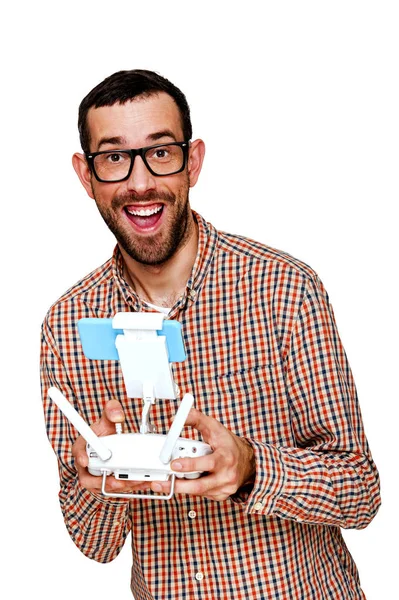 Man holding drone controler, isolated over white background. — Stock Photo, Image