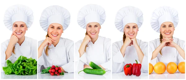 Mulher chef com legumes . — Fotografia de Stock