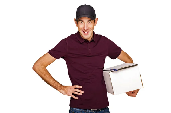 Uomo di consegna con scatole isolate su sfondo bianco . — Foto Stock