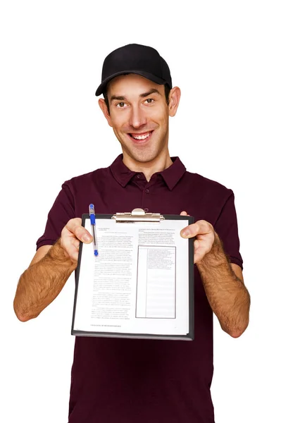 Uomo di consegna con appunti isolato su sfondo bianco . — Foto Stock