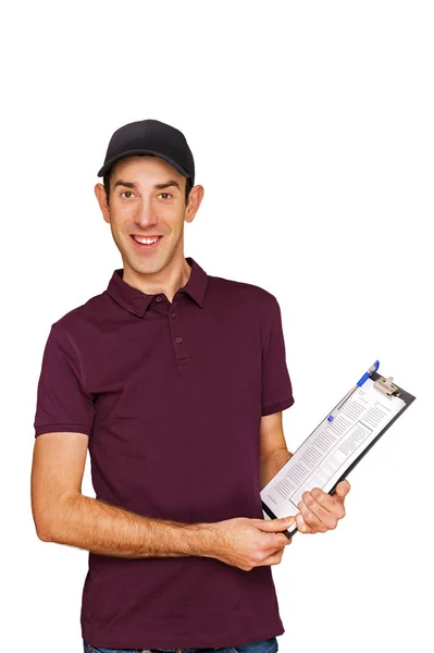Uomo sorridente consegna tenendo appunti su sfondo bianco — Foto Stock