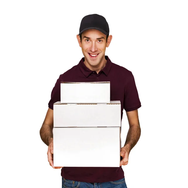 Entrega hombre con cajas aisladas sobre fondo blanco . —  Fotos de Stock