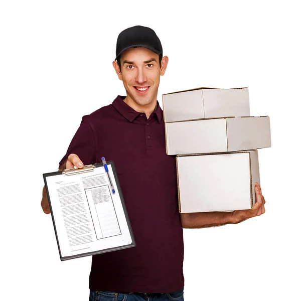 Entrega hombre con cajas aisladas sobre fondo blanco . — Foto de Stock