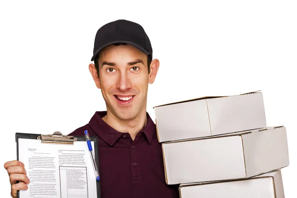 Uomo di consegna con scatole isolate su sfondo bianco . — Foto Stock