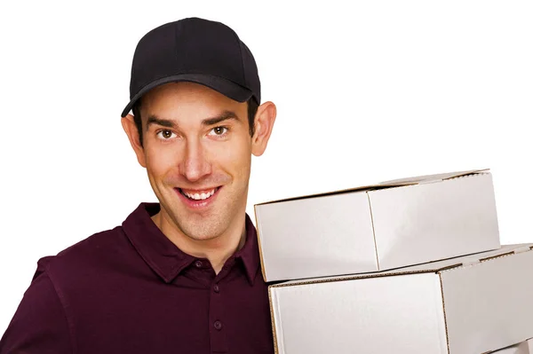 Entrega hombre con cajas aisladas sobre fondo blanco . — Foto de Stock