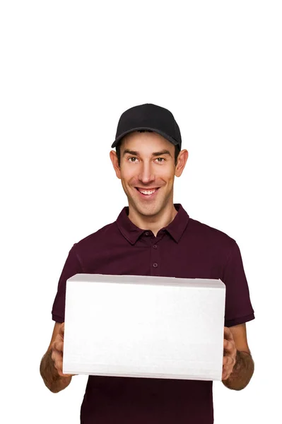 Entrega hombre con cajas aisladas sobre fondo blanco . — Foto de Stock
