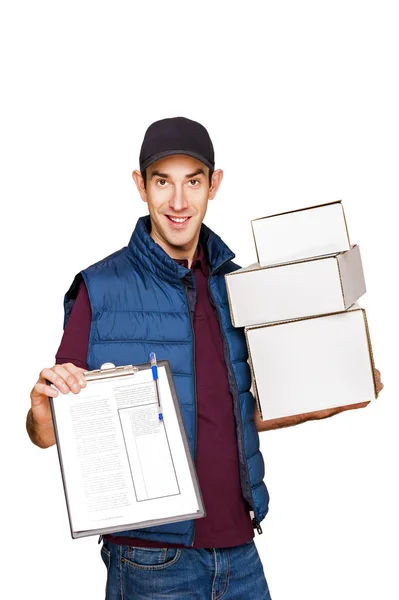 Delivery man with boxes isolated over white background. — Stock Photo, Image