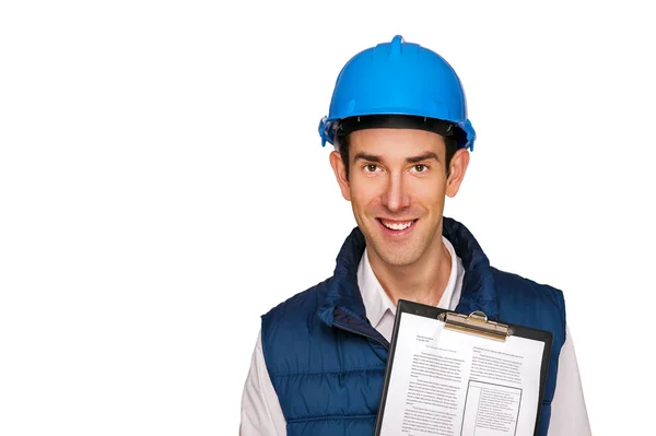 Architekt Mann, blauer Helm, isoliert über weißem Hintergrund. — Stockfoto