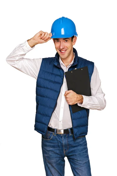 Architect man, blue helmet, isolated over white background. — Stock Photo, Image