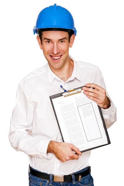 Arquiteto homem, capacete azul, isolado sobre fundo branco . — Fotografia de Stock