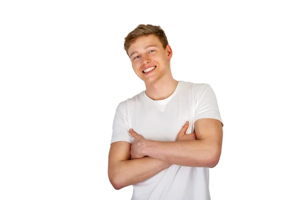 Jovem sorrindo sobre fundo branco . — Fotografia de Stock