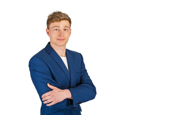 Hombre joven en traje casual aislado sobre fondo blanco . — Foto de Stock