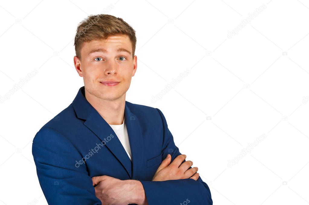 Young man in casual suit isolated over white background.