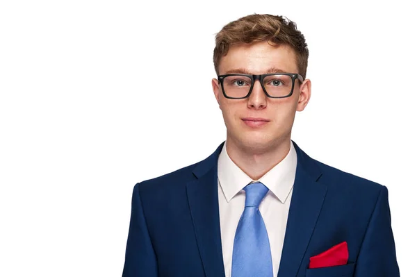 Hombre de negocios en traje azul sobre fondo blanco . —  Fotos de Stock