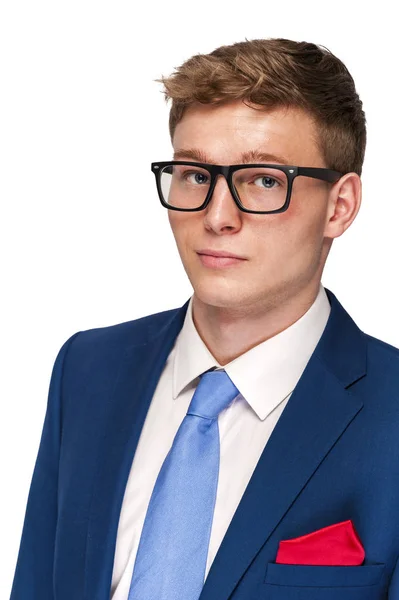 Hombre de negocios en traje azul sobre fondo blanco . —  Fotos de Stock