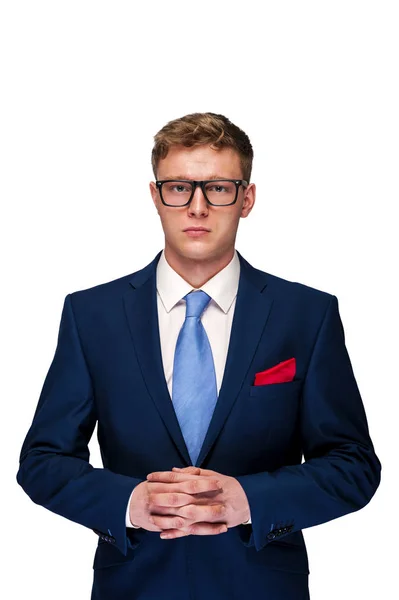 Business Man, angry face in blue suit isolated over white backgr — Stock Photo, Image