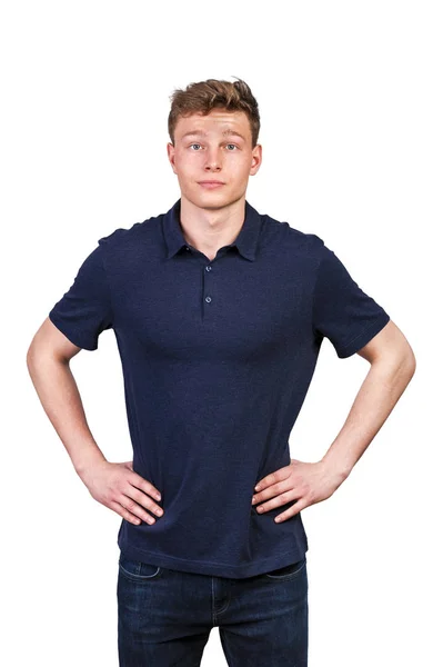 Mannen i marinblå polo t-shirt på vit bakgrund med leende. — Stockfoto