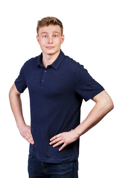 Man in navy polo t-shirt on white background with smile. — Stock Photo, Image