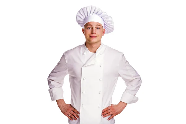 Chef com chapéu, sorrindo, isolado sobre fundo branco — Fotografia de Stock