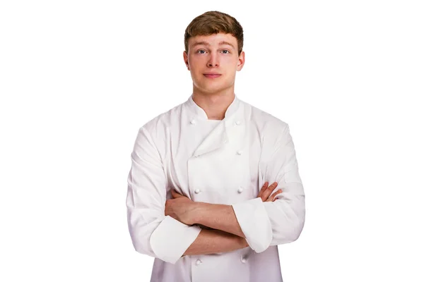 Chef con brazos cruzados, sonriente, aislado sobre fondo blanco —  Fotos de Stock