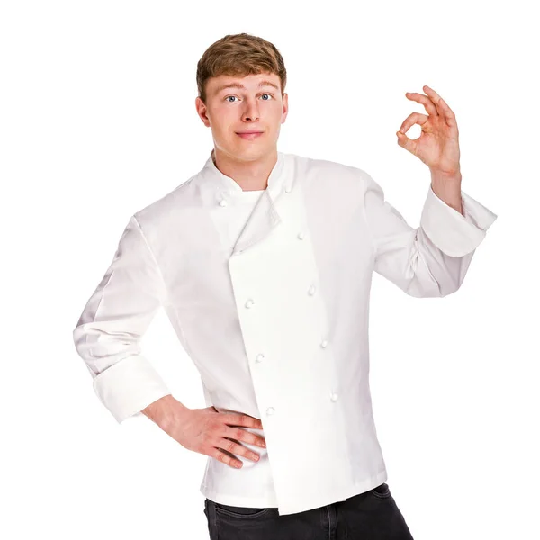 Portrait of an chef making "OK" sign isolated on white backgroun — Stock Photo, Image