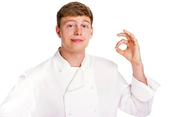 Portrait of an chef making "OK" sign isolated on white backgroun — Stock Photo, Image