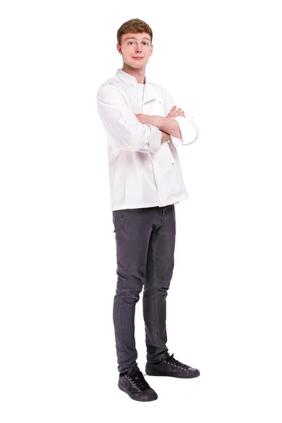 Sonriente chef seguro aislado sobre blanco — Foto de Stock