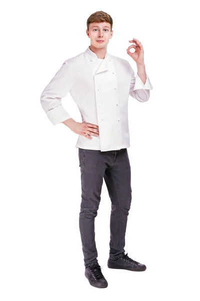 Sorridente chef fiducioso isolato su bianco — Foto Stock