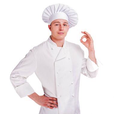 Neşeli Şef tamam beyaz el işareti ile izole