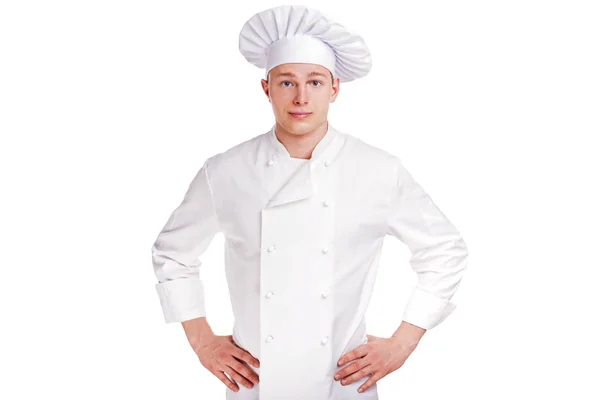Vrolijke chef-kok geïsoleerd op wit — Stockfoto
