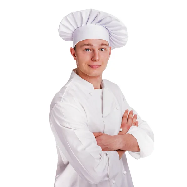 Vrolijke chef-kok geïsoleerd op wit — Stockfoto