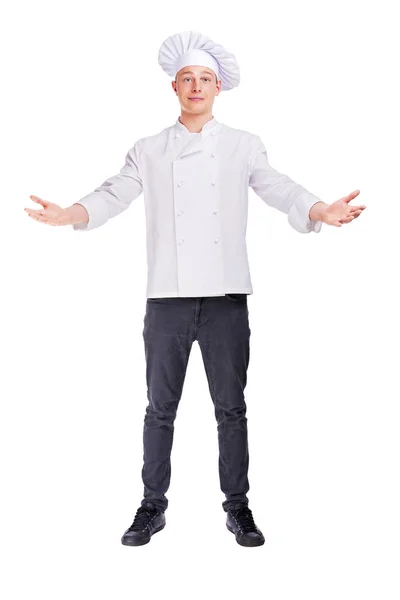 Chef isolated on white, standing with open arms — Stock Photo, Image