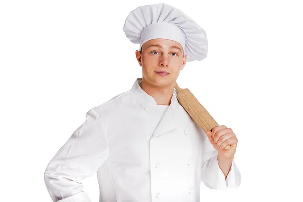 Шеф-повар на белом фоне с тестом . — стоковое фото