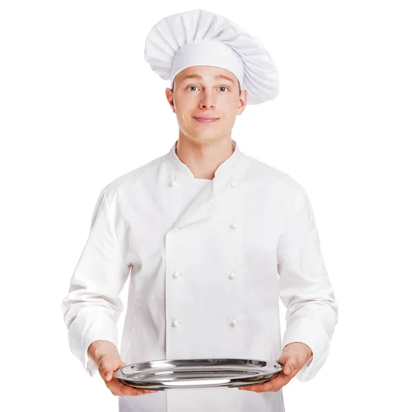 Chef isolated over white background holding tray. — Stock Photo, Image