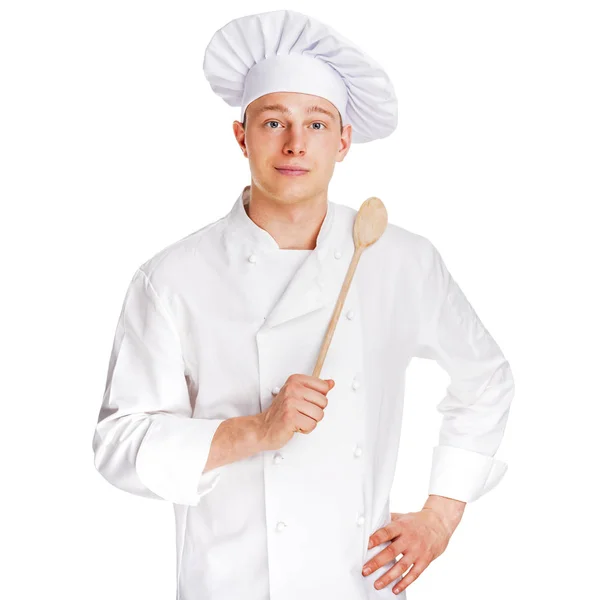 Chef-kok geïsoleerd op witte achtergrond met lepel. — Stockfoto