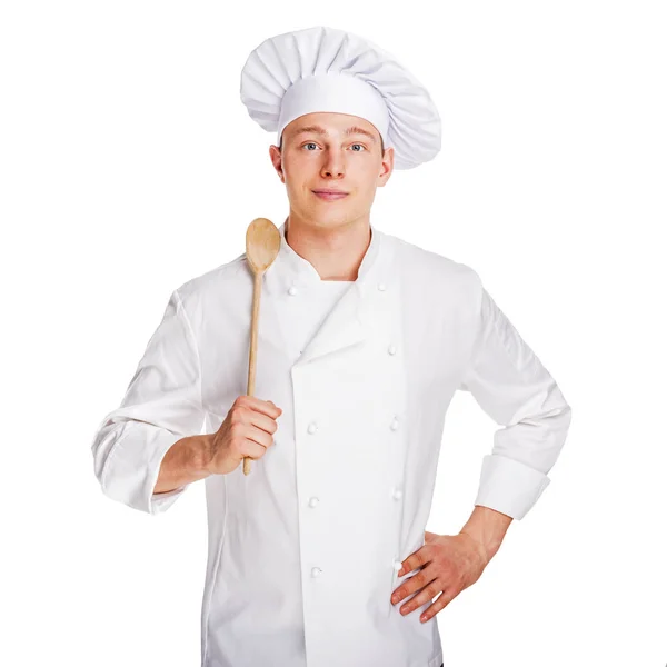 Chef isolado sobre fundo branco com colher . — Fotografia de Stock