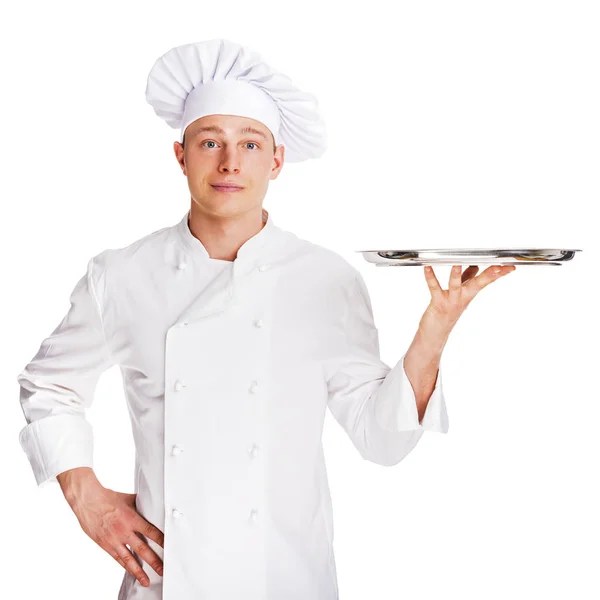 Chef-kok holding lade geïsoleerd op witte achtergrond. — Stockfoto