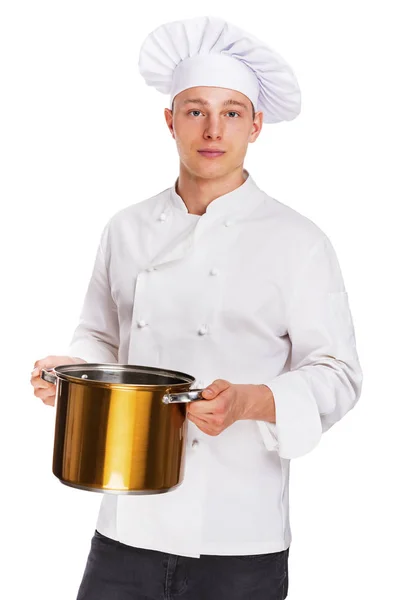 Koch mit Topf, isoliert über weißem Hintergrund. — Stockfoto