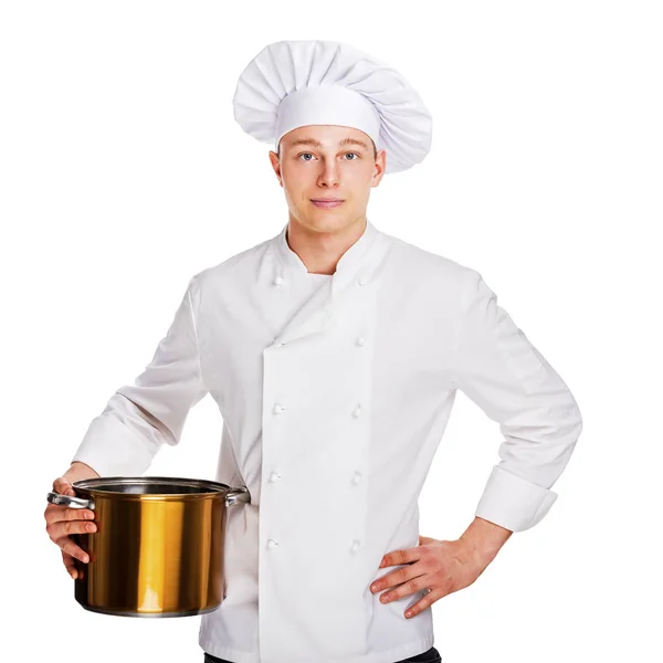 Chef com panela, isolado sobre fundo branco . — Fotografia de Stock