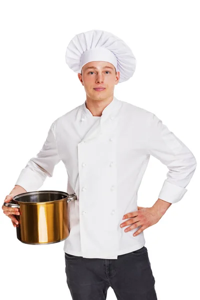 Chef com panela, isolado sobre fundo branco . — Fotografia de Stock