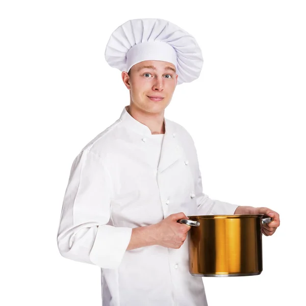 Smiling young adult chief with metal pan pot in his hand isolate — Stock Photo, Image