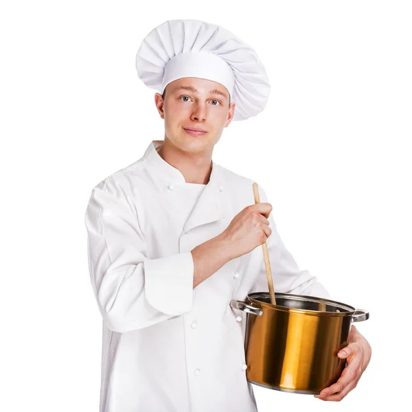 Giovane chef con cucchiaio e pentola isolato su sfondo bianco . — Foto Stock