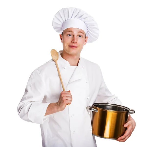 Jeune chef avec cuillère et pot isolé sur fond blanc . — Photo