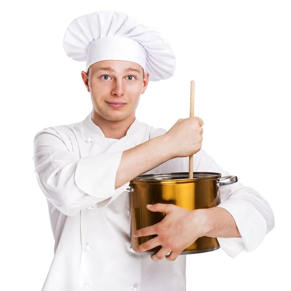 Kucharz na białym tle nad białym tle, pot i łyżka do gotowania. — Zdjęcie stockowe