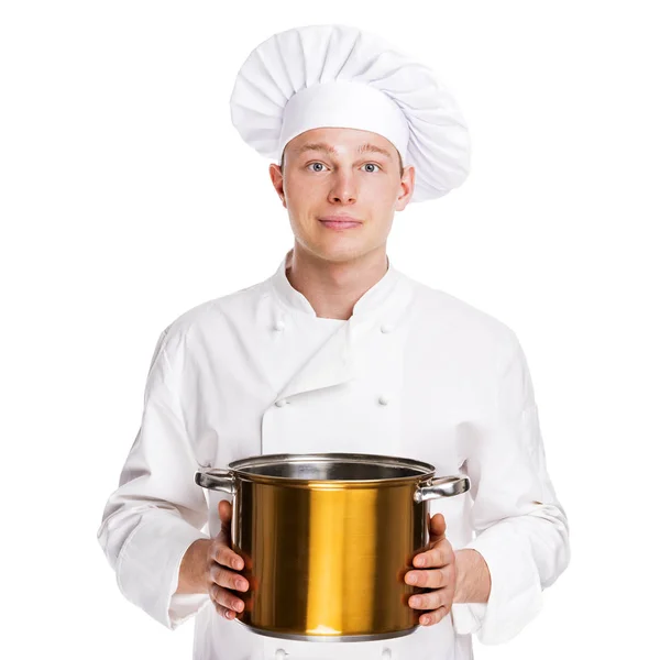 Chef isolado sobre fundo branco, panela e colher de cozinhar . — Fotografia de Stock