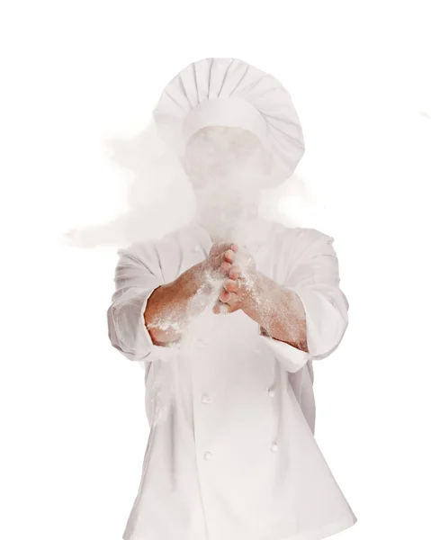 Chef con harina sobre fondo blanco —  Fotos de Stock