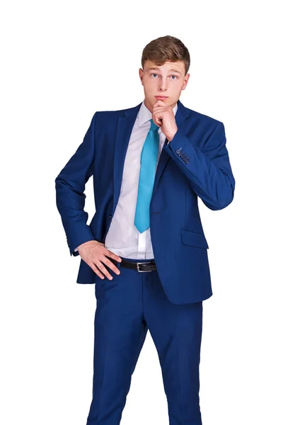 Smart businessman thinking, looking at camera with hand hiding h — Stock Photo, Image